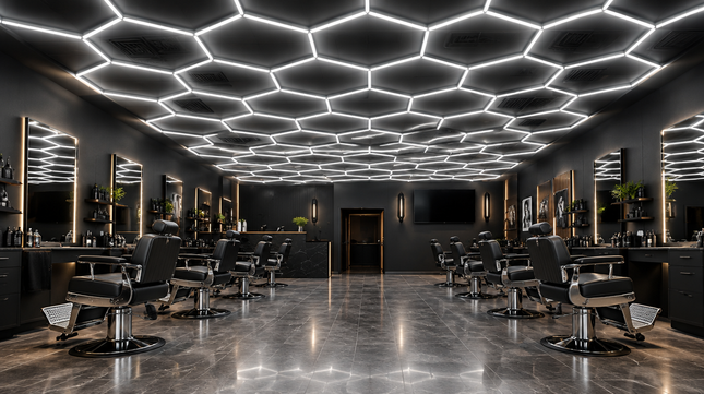 Hexagon LED plafondverlichting voor barbershop in sfeerbeeld