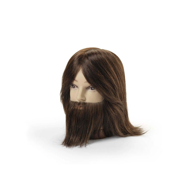 Oefenhoofd Tommy 100% echt haar donkerbruin + baard 35/40 cm